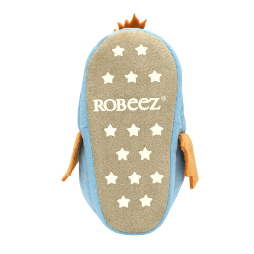 Robeez suede slipper outsole with star pattern grippys and brand logo.