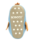 Robeez suede slipper outsole with star pattern grippys and brand logo.