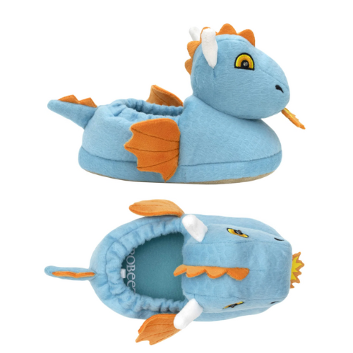 Pair of Blue dragon slippers with orange accents, blue footbed and light up eyes.