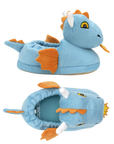 Pair of Blue dragon slippers with orange accents, blue footbed and light up eyes.