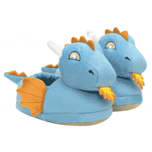 Blue dragon slippers with orange accents and light up eyes.