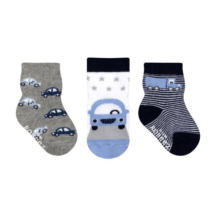 Three baby socks with different car designs in greys, blues and black/white striped.