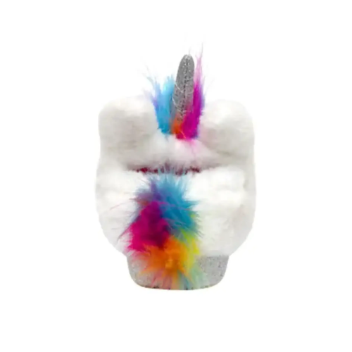 Tail and mane view of Unicorn-shaped slippers with rainbow hair, light up eyes and silver glittery stars and horn.