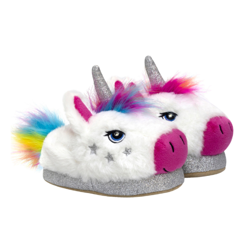 Unicorn-shaped slippers with rainbow hair, light up eyes and silver glittery stars and horn.