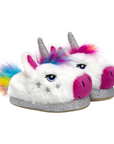 Unicorn-shaped slippers with rainbow hair, light up eyes and silver glittery stars and horn.