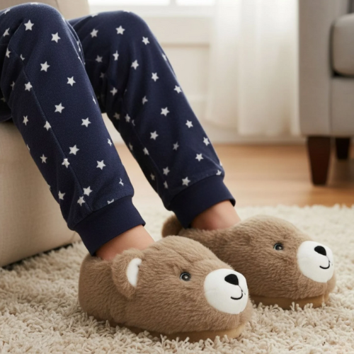 Child wearing navy pajama pants with white stars and brown bear slippers on a carpeted floor.