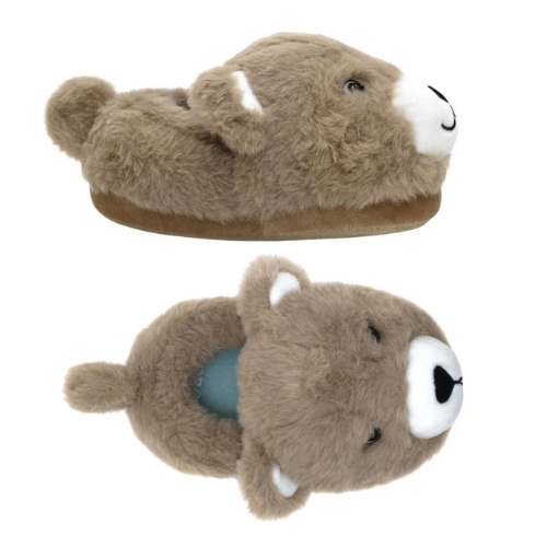 Pair of brown bear-shaped slippers with light-up eyes, fluffy tail and blue footbed.