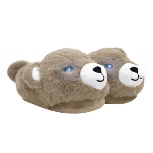 Pair of brown bear-shaped slippers with light-up eyes.