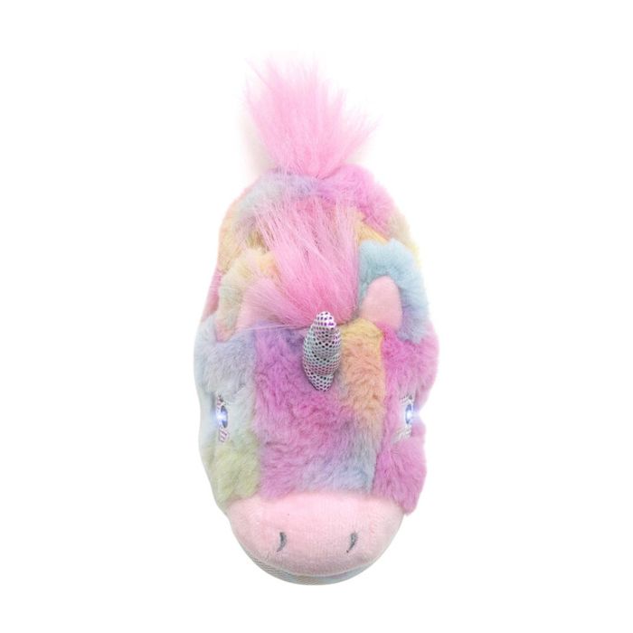 Top of pastel rainbow unicorns slipper with 3D horn, ears, mane and tail with light up eyes and rainbow midsole.