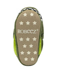 Beige outsole with white star grips and Robeez logo in middle.