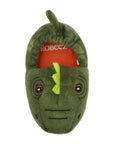 Top of green dinosaur slipper with 3D spikes and tail, and orange footbed with Robeez logo.
