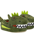 Pair of green dinosaur slippers with 3D spikes and tail, and big teeth flat under the nose.