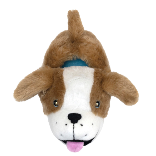Top of dog-shaped slipper with brown fur, pink tongue, blue footbed and white snouts.