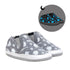 Pair of Gray canvas baby shoes with baseball-themed pattern, cinched heel and image of glow in the dark feature.
