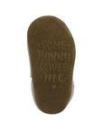 Brown Suede outsole with words "Some Bunny Loves Me" and "Robeez" stamped on.