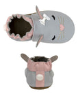 Pair of Pair of grey and pink leather Bunny baby shoes with 3D ears, bow, cotton tail, sleepy eyes over heart shaped nose and gold whiskers.
