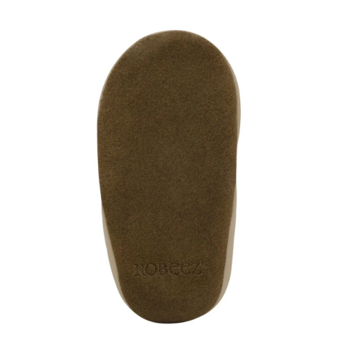 Brown suede shoe outsole with 'Robeez' branding.