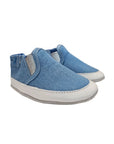 Blue denim baby shoes with white midsole and grey suede outsoles.