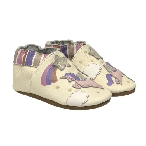 Pair of baby's ivory leather shoes with shooting star, unicorns in the sky pattern and striped cinched cuff.