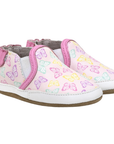Pair of baby's shoes with purple, pink, green and yellow butterfly pattern.