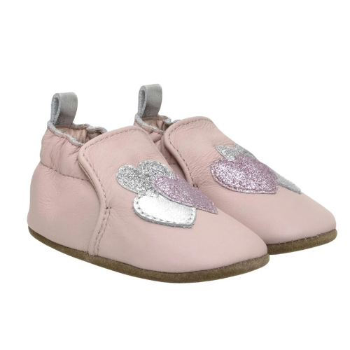 Pair of pink baby shoes with glittery hearts and cinched cuff. 
