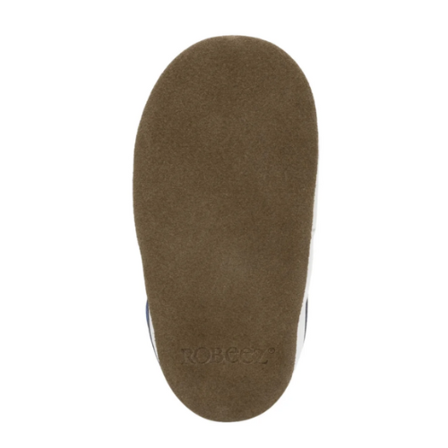 Brown suede outsole with Robeez logo on heel.