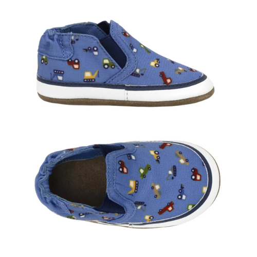 Pair of Blue canvas baby's shoes with vehicle pattern, tan footbed, white midsole and tan suede outsole.