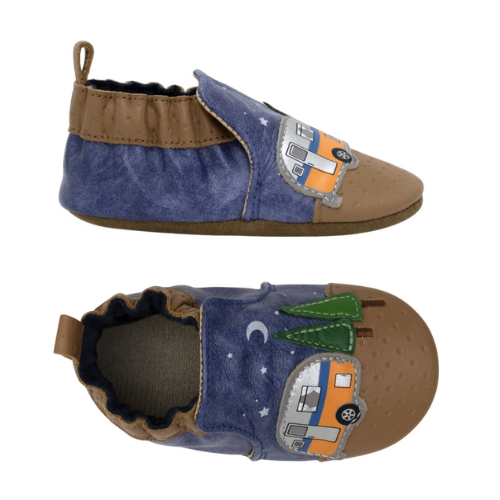 Pair of baby's leather soft sole shoes with a camper and tree under moon and star design with brown accents and cinched cuff.