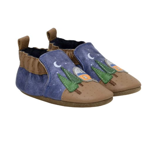 Pair of baby's leather soft sole shoes with a camper and tree under moon and star design with brown accents and cinched cuff.