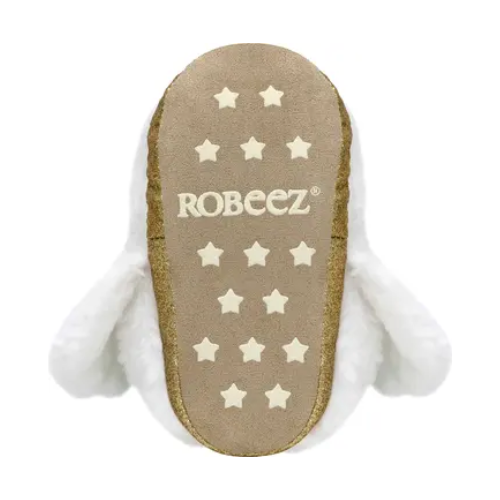Beige suede outsole with "ROBEEZ'' logo and star pattern grippys.