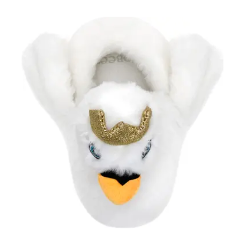 White swan shaped slipper with gold crowns, fluffy wings, and white Robeez logo'd footbed.