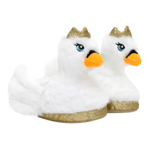 White swan shaped slippers with gold crowns, fluffy wings and gold midsole.