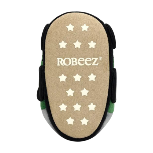 Robeez slipper beige outsole with star pattern and logo.