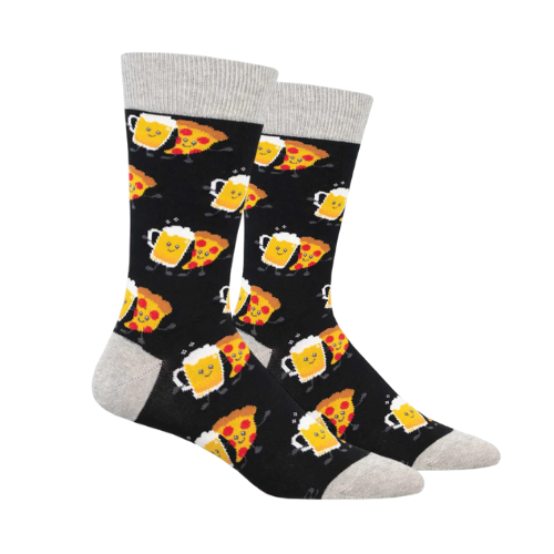 Black socks with pizza and beer mug pattern with grey cuff, heel and toe cap.