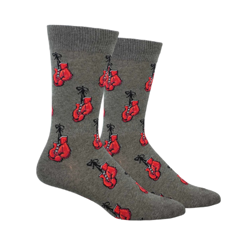 Grey socks with red boxing glove pattern.