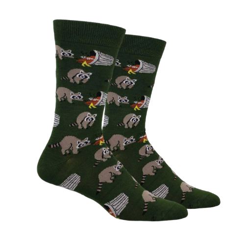 Green socks with raccoon's playing in trash bins.