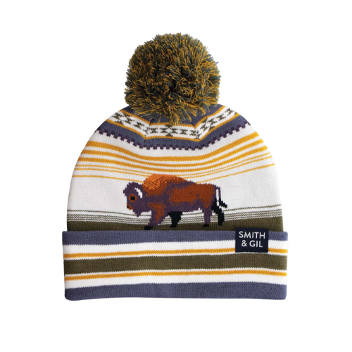 Knitted beanie with blue, white, green and yellow striped pattern, Bison walking and pom-pom on top.
