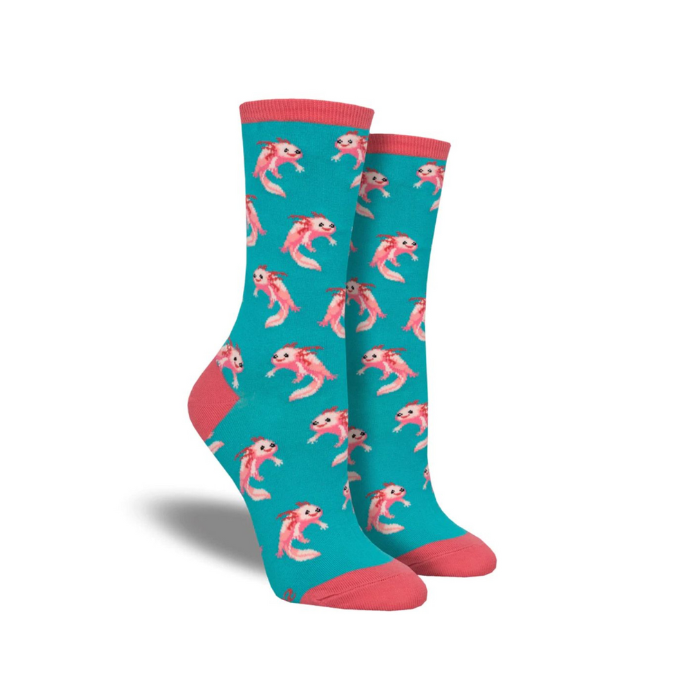 teal crew socks with pink axolotls swimming and pink cuff, toe and heel.