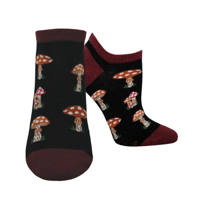 Black ankle socks with red mushrooms, deep red toes, heel and cuff.