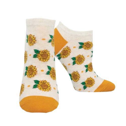 Beige ankle socks with yellow sunflower pattern and yellow toe and heel.