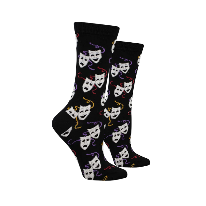 Black socks with iconic theatre masks pattern.