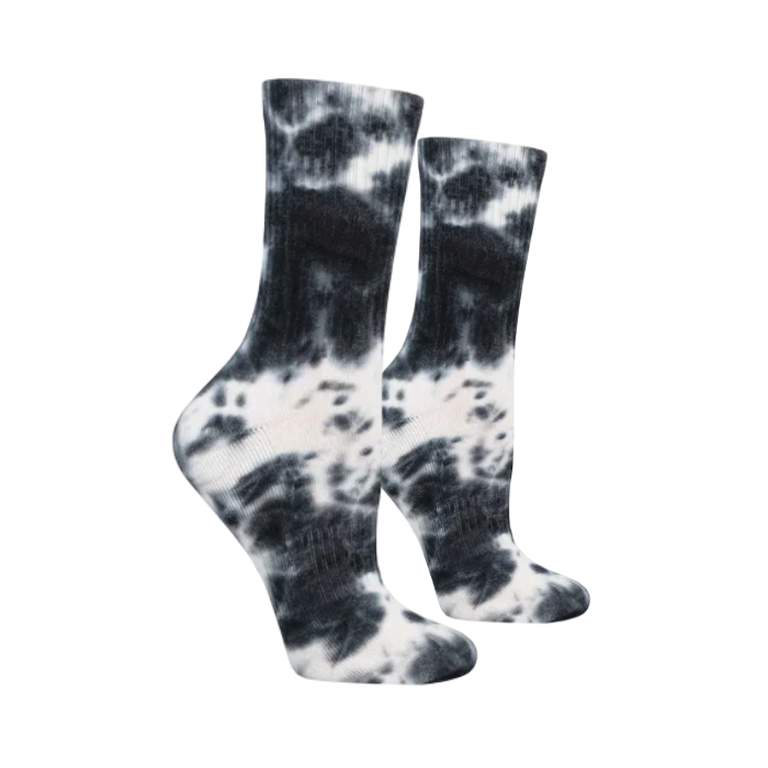 Pair of black and white tie dye crew socks.