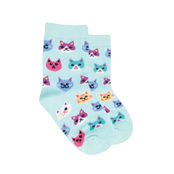 Pair of blue crew socks for kids with different coloured cat faces.