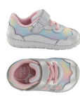 A pair of toddler's pastel rainbow mesh and silver leather sneakers with a hook-and-loop strap, pastel pink laces, and iridescent floral appliques on the side, pink footbed and white outsole.