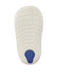 White flexible outsole with blue Stride rite logo on heel.