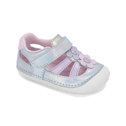 A toddler fisherman sandal with iridescent pastel blue and pink synthetic leather, a hook-and-loop strap, a decorative flower applique up vamp and a white outsole.
