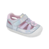 A toddler fisherman sandal with iridescent pastel blue and pink synthetic leather, a hook-and-loop strap, a decorative flower applique up vamp and a white outsole.