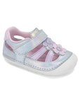 A toddler fisherman sandal with iridescent pastel blue and pink synthetic leather, a hook-and-loop strap, a decorative flower applique up vamp and a white outsole.