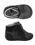 Pair of black high-top baby booties featuring a textured glittery black upper, a black knit ankle collar, grey Stride Rite logo'd footbed and two wide black hook-and-loop straps.