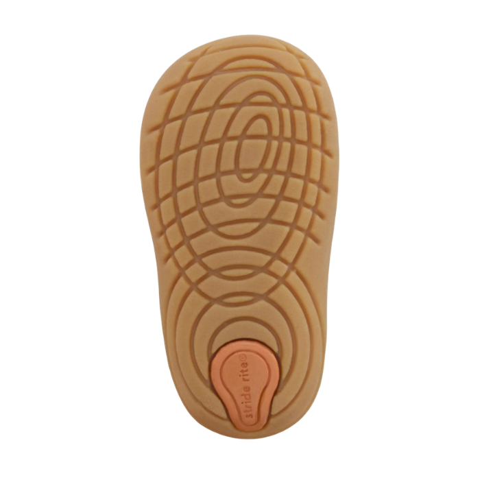 Tan Soft Motion treaded outsole with Stride Rite orange logo stamped in heel.